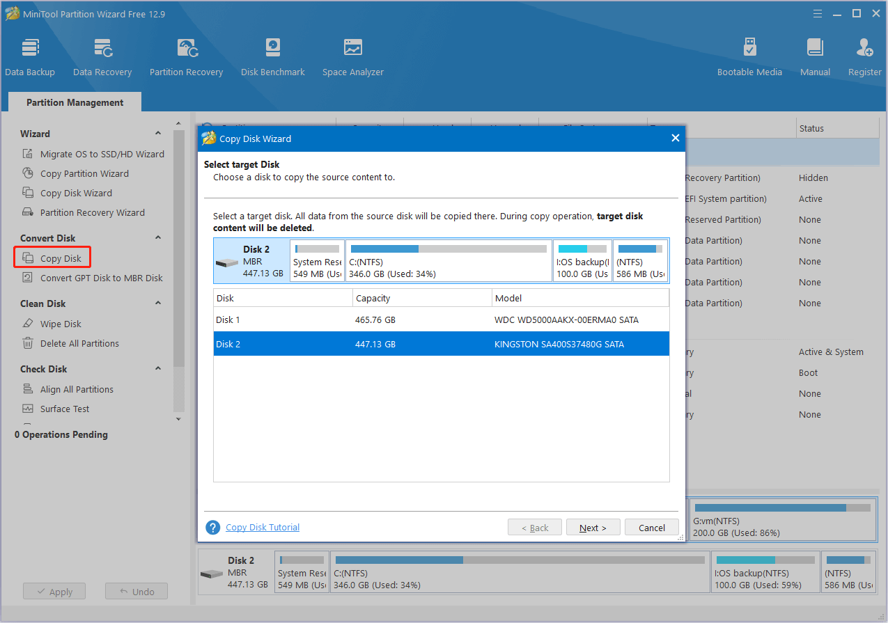 the copy disk feature in MiniTool Partition Wizard