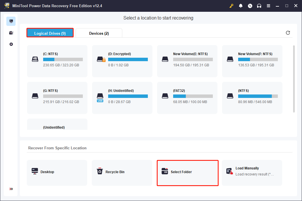choose a target partition or specific location to scan in MiniTool Power Data Recovery