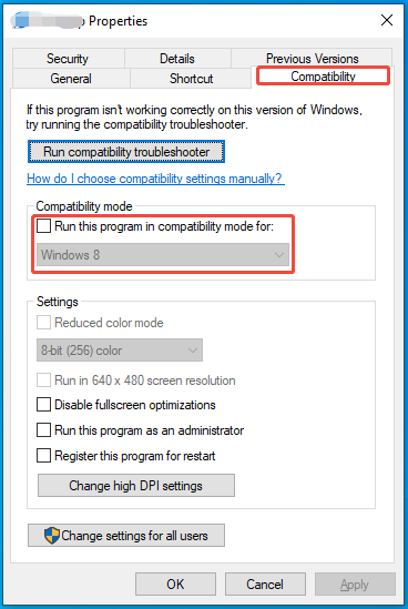 uncheck Run this program in compatibility mode for