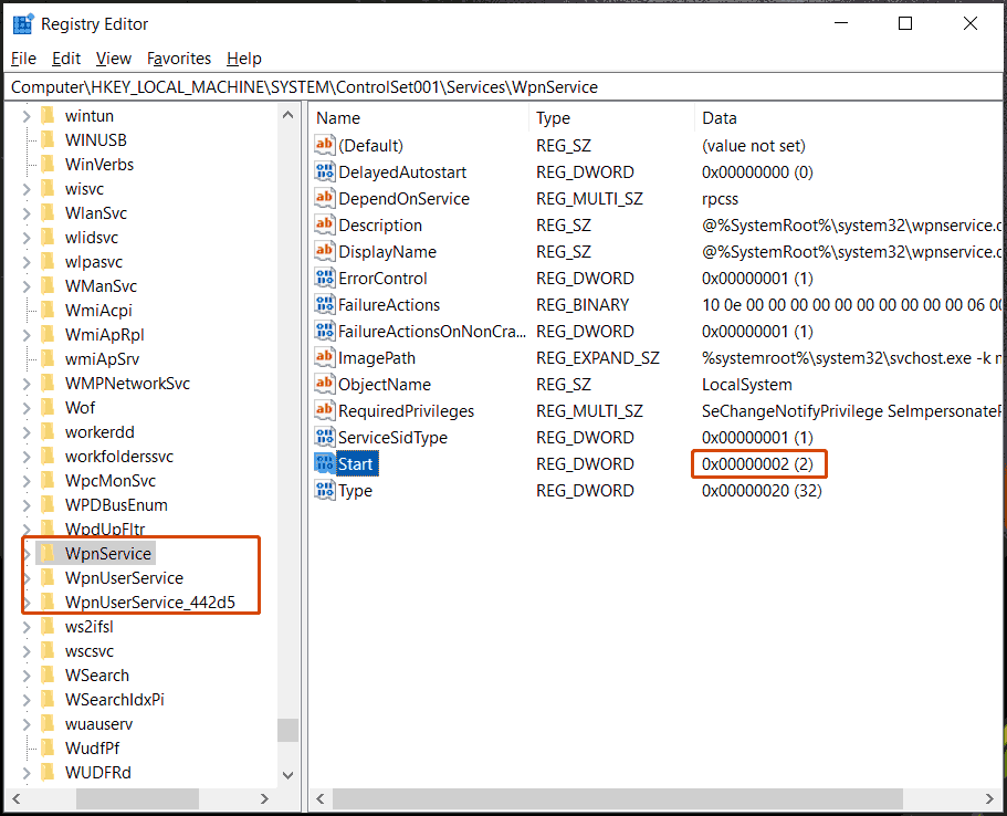 enable WPN service in registry