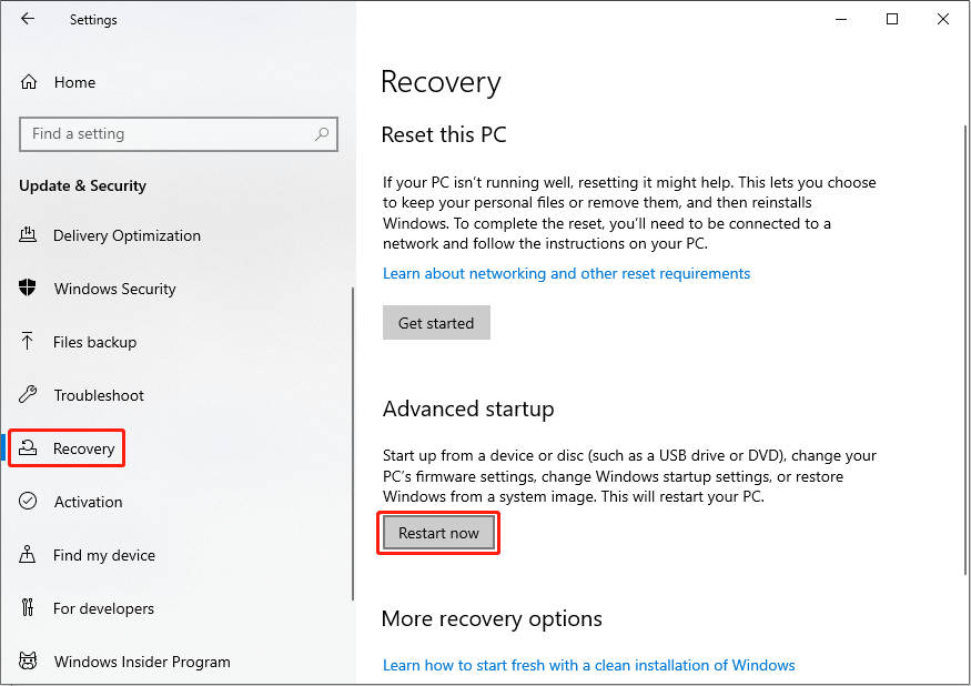 choose Restart now in Windows Settings