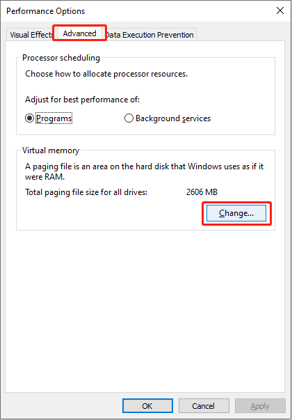 choose Change in the Virtual memory section