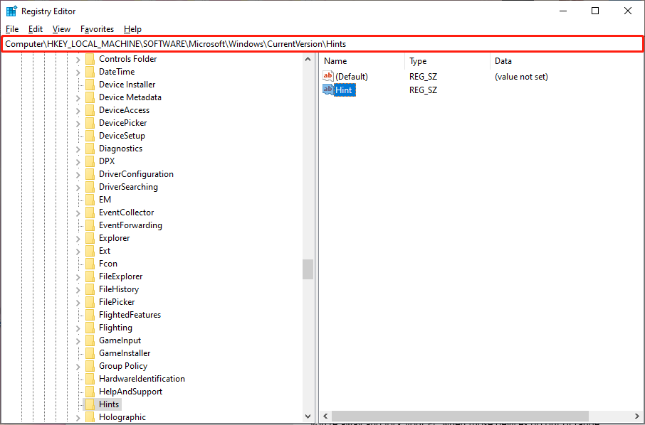 go the path and locate your hint entry