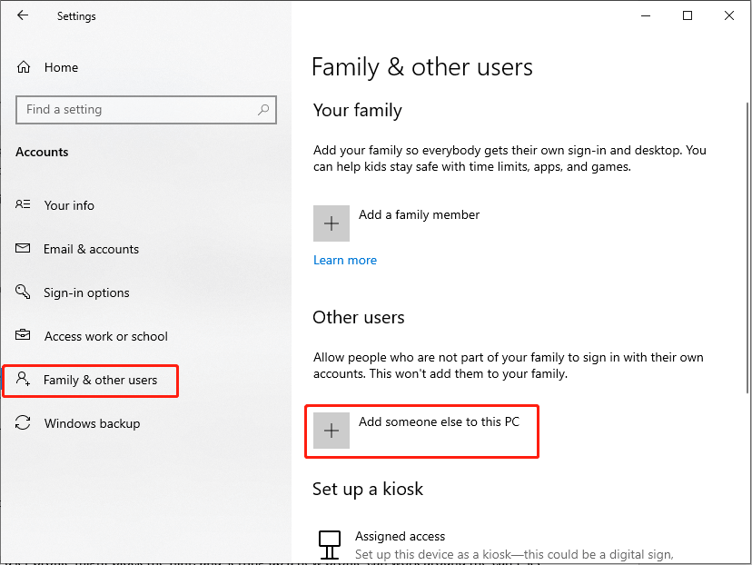 select Add someone else to this PC