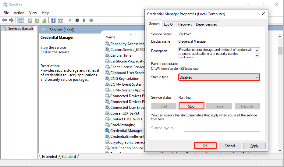set the Startup type to Disable, click the Stop button, and choose OK