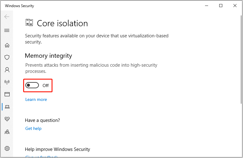 disable memory integrity in Settings