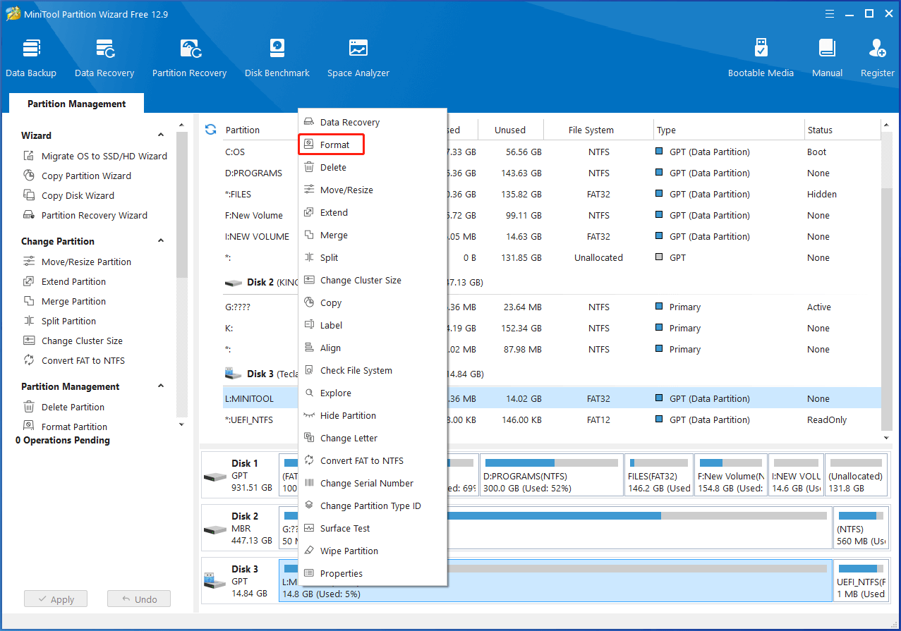 choose the Format option on the context menu of Partition Magic
