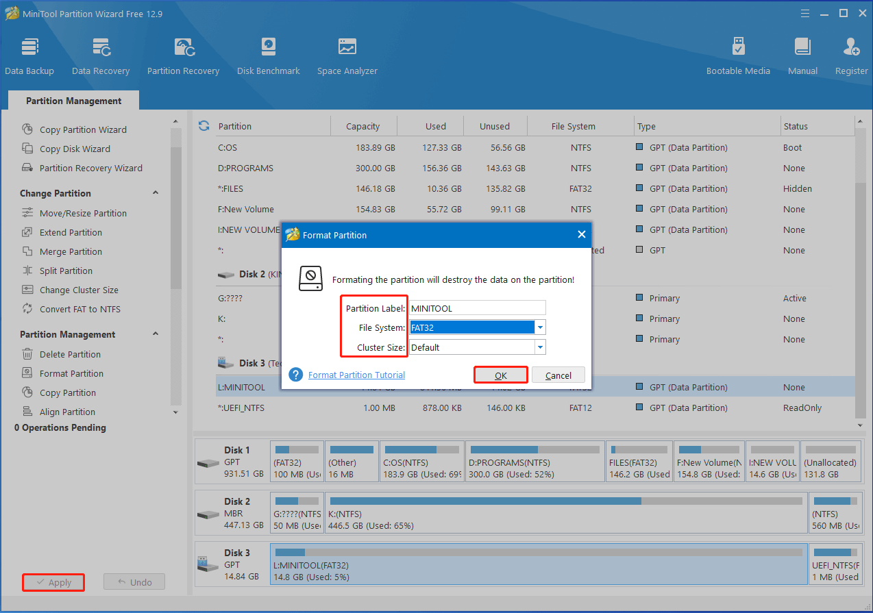 configure settings and let Partition Magic execute the operation