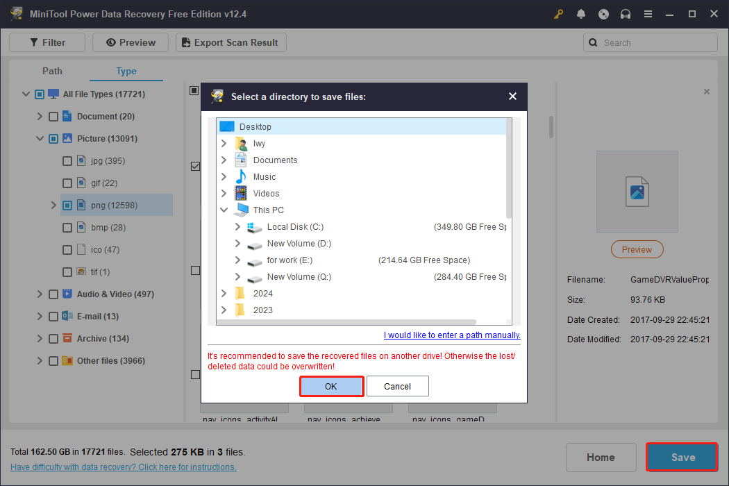 save target files to a new place using MiniTool Power Data Recovery