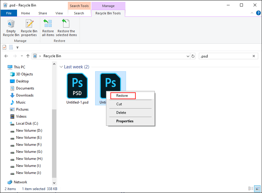 recover the wanted files from the Recycle Bin