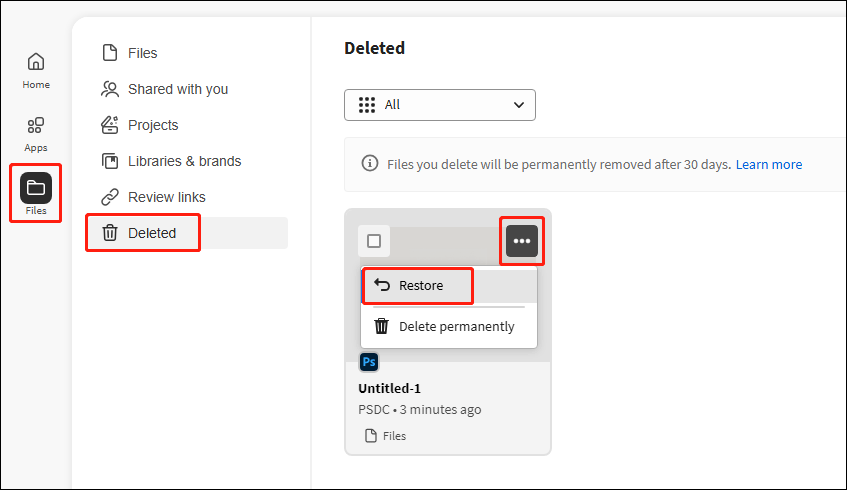 restore files from the Deleted folder online