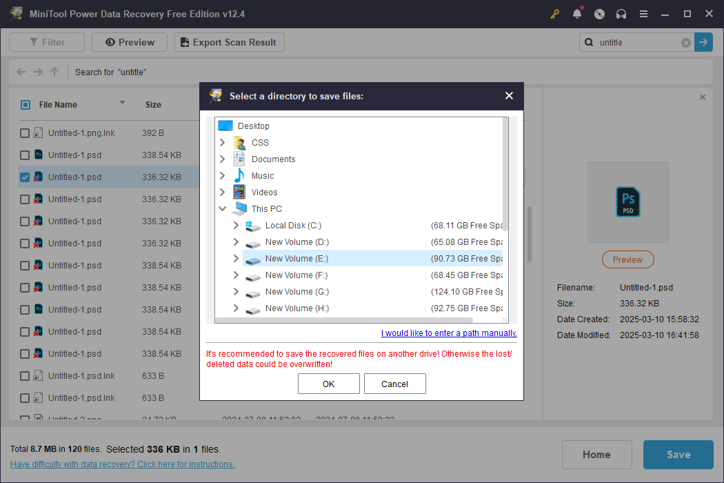save files to a new destination in MiniTool Power Data Recovery