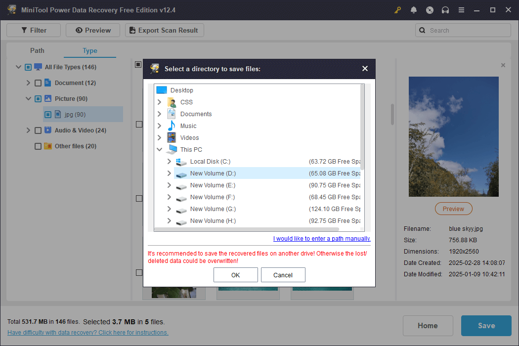 save the files to a different file path using MiniTool Power Data Recovery