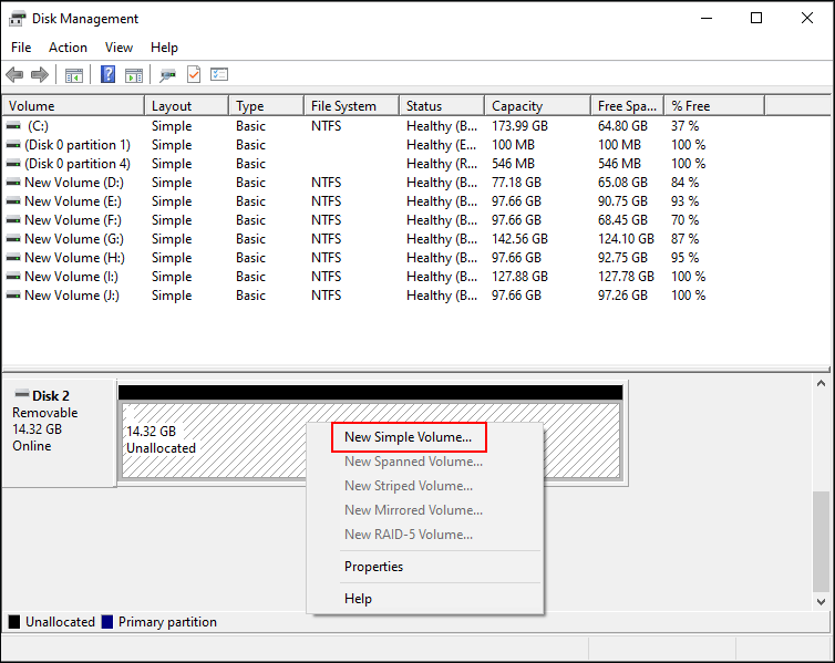 choose New Simple Volume in Disk Management