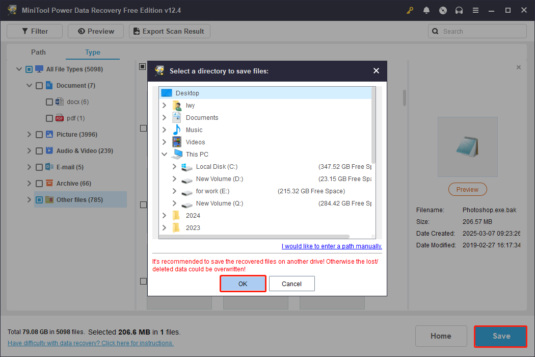 save the BAK files to a new location using MiniTool Power Data Recovery