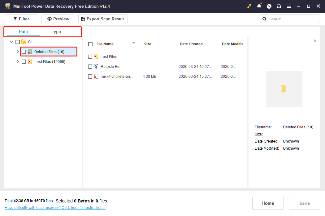expand the Deleted Files folder under the Path tab to locate your deleted files in MiniTool Power Data Recovery