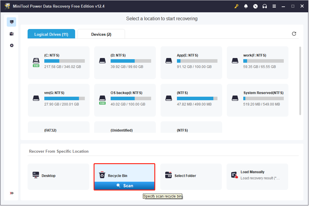 scan the Recycle Bin for deleted files in MiniTool Power Data Recovery