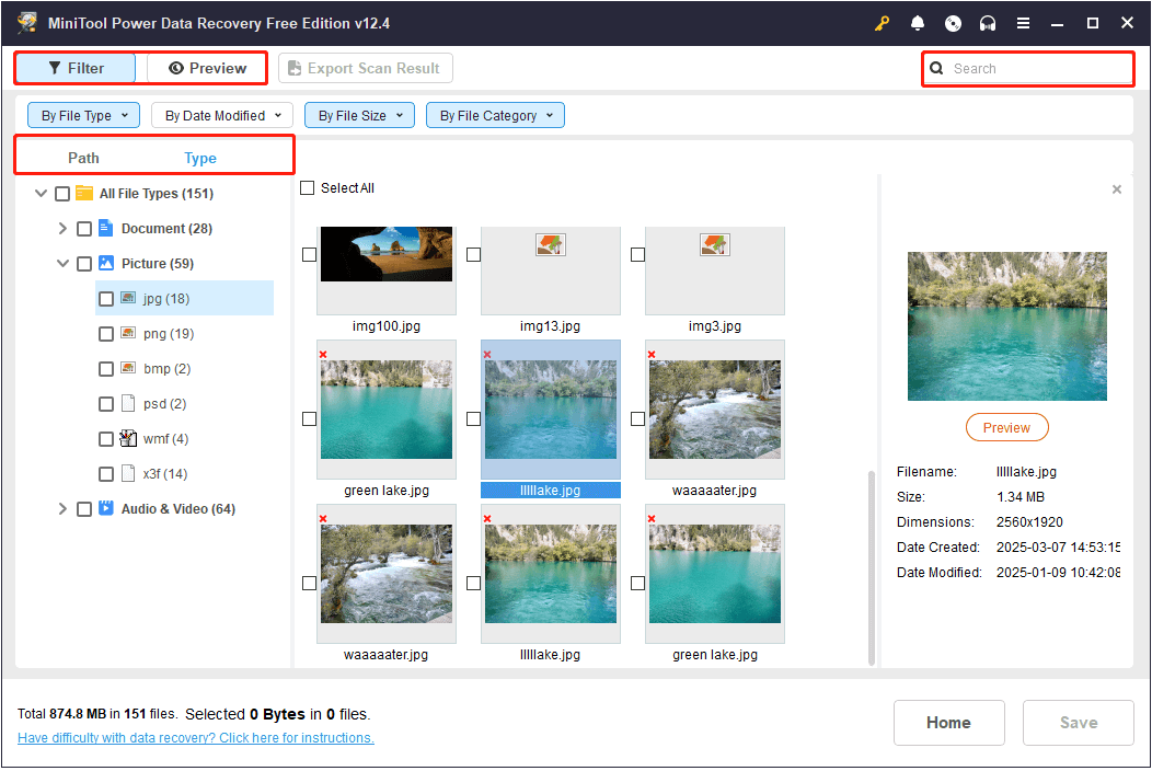 use the Path, Type, Filter, Preview, and Search features in MiniTool Power Data Recovery