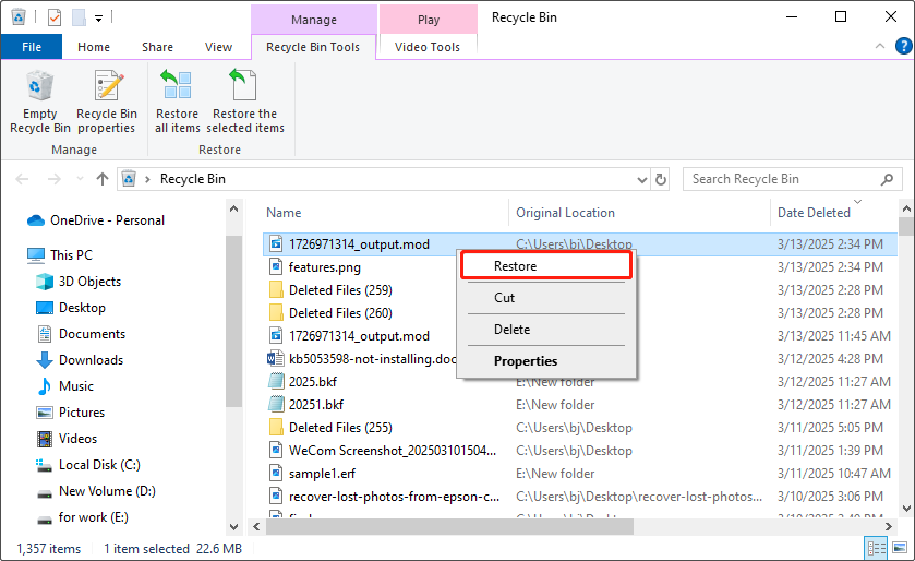 restore deleted MOD files from Recycle Bin