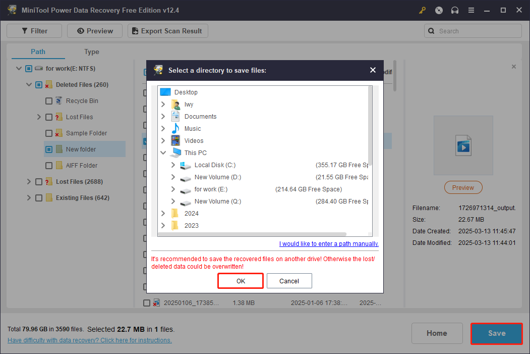 save MOD files using MiniTool Power Data Recovery