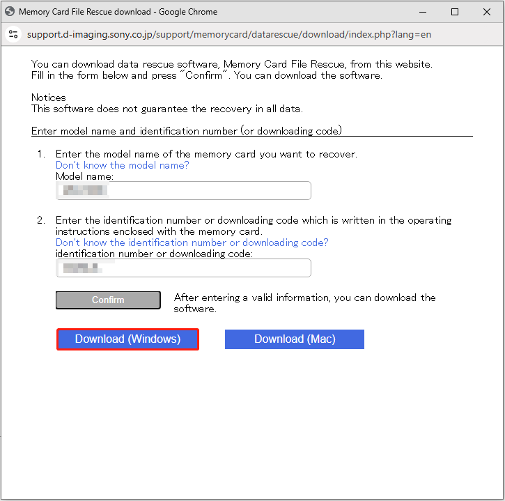 download the Windows version of Sony Memory Card File Rescue software