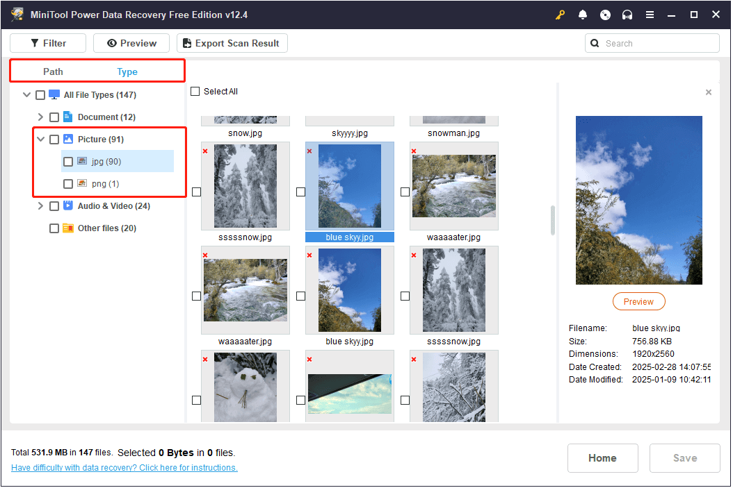 many photos are displayed in the Picture section in MiniTool Power Data Recovery
