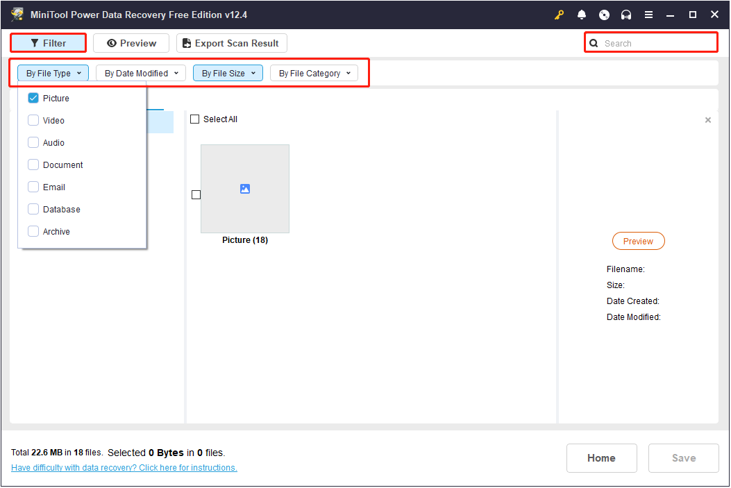 the Filter and Search features in MiniTool Power Data Recovery
