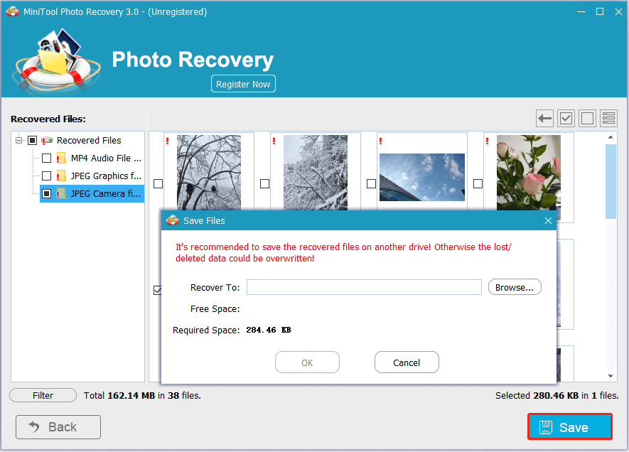 save the found files to a new location in MiniTool Photo Recovery
