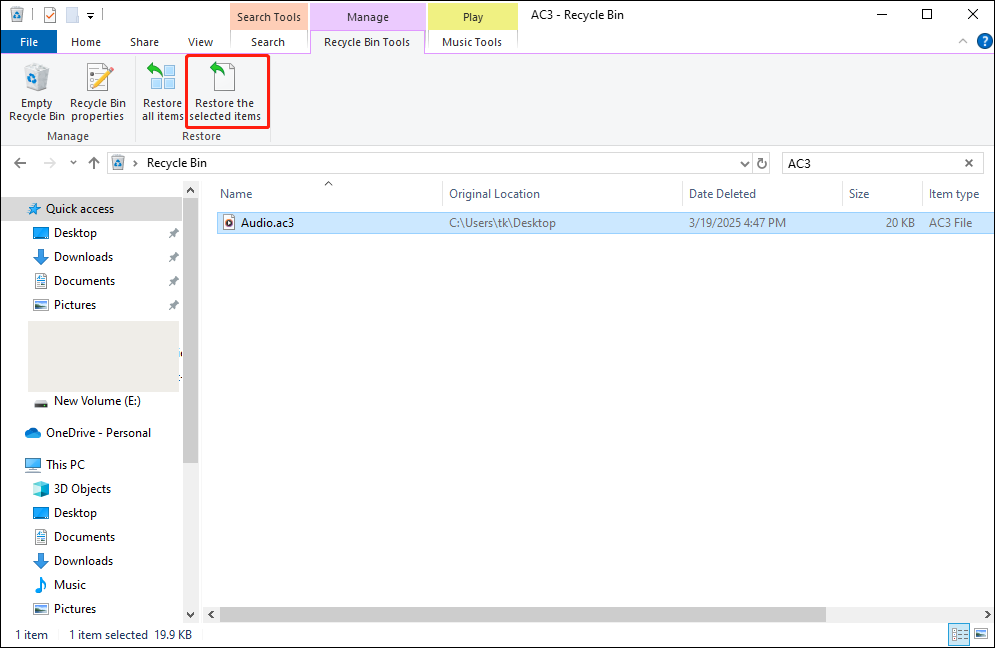 select the AC3 file and click Restore the selected items in the top left toolkit