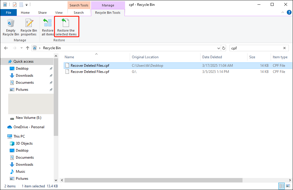 recover CPF file from the Recycle Bin