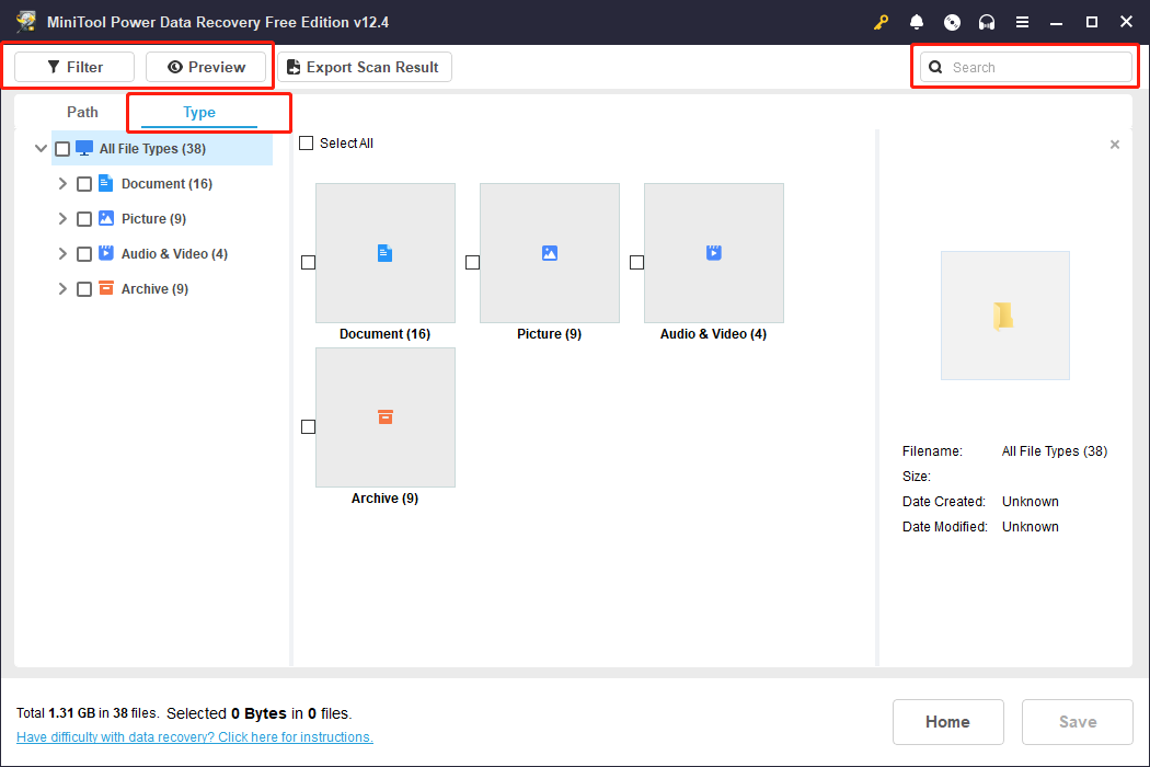 use the MiniTool Power Data Recovery’s features to locate your wanted files and recover them