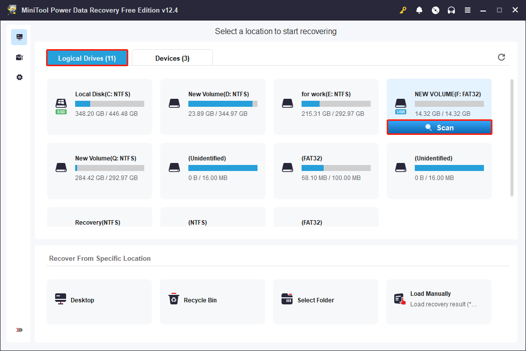 use MiniTool Power Data Recovery to scan data