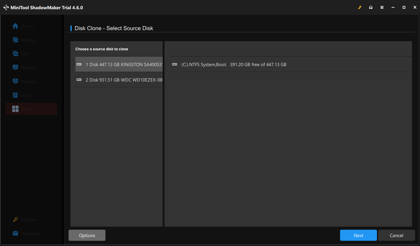 select a source disk in Disk Clone