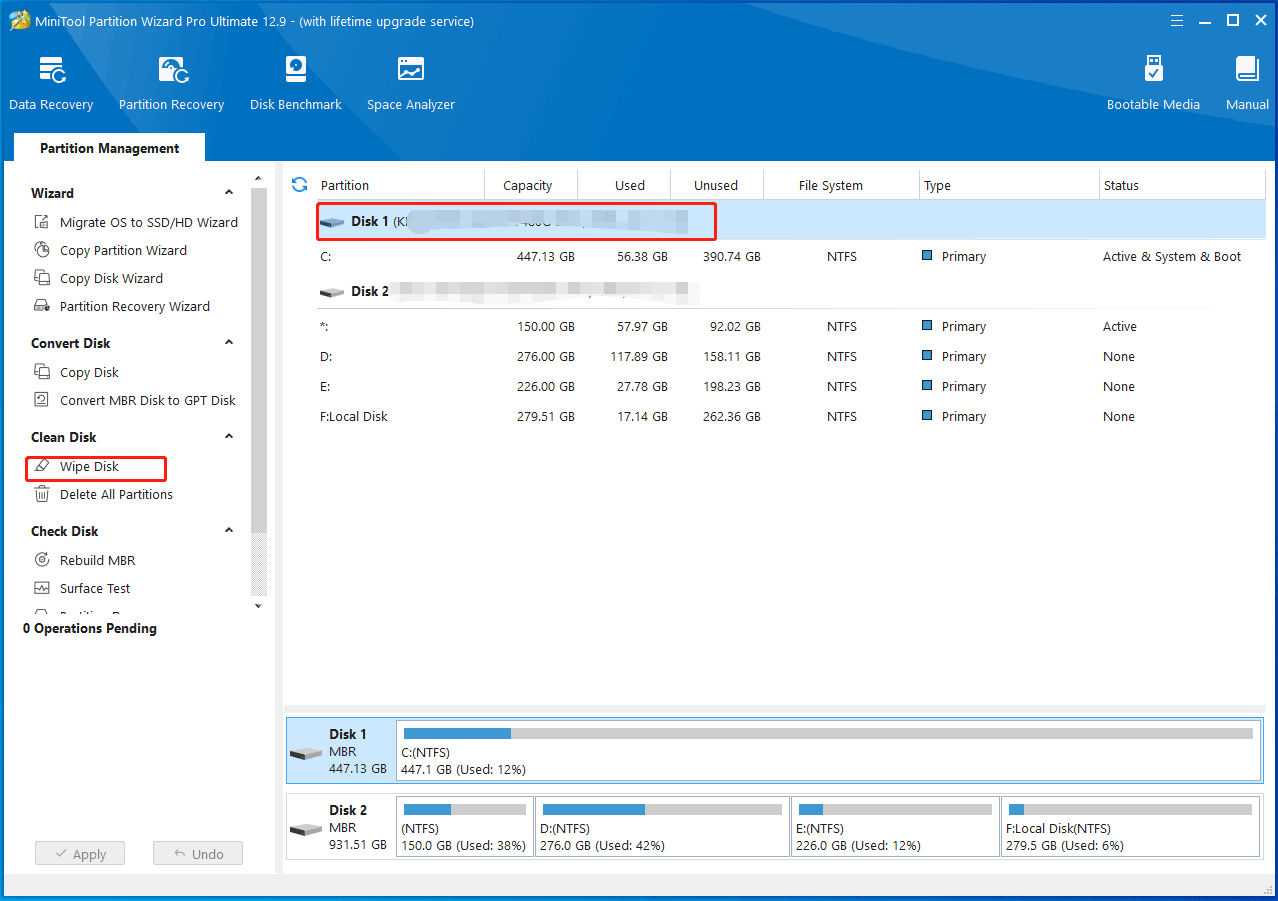 wipe the selected SSD with MiniTool Partition Wizard