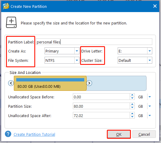 specify the size and location for the new partition in MiniTool Partition Wizard
