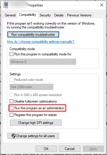 check Run this program as an administrator