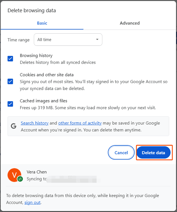 clear Google Chrome browsing cookies and cache