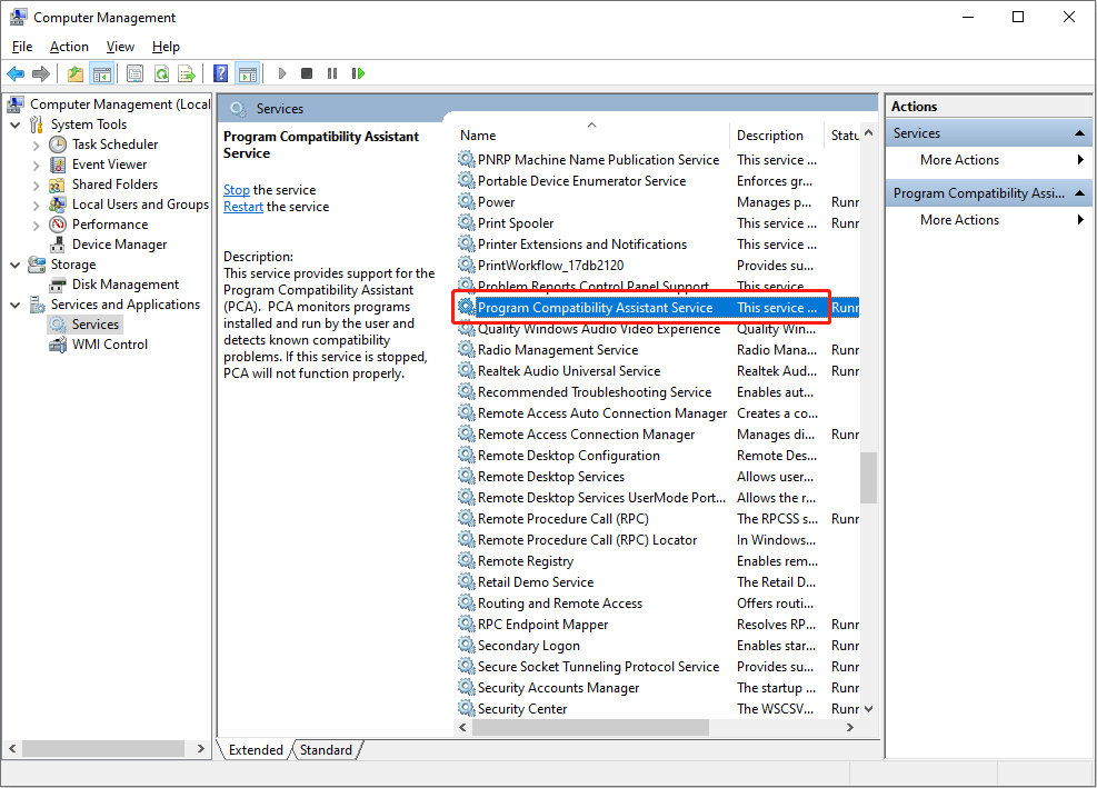 choose the Program Compatible Assistance Service option in Computer Management