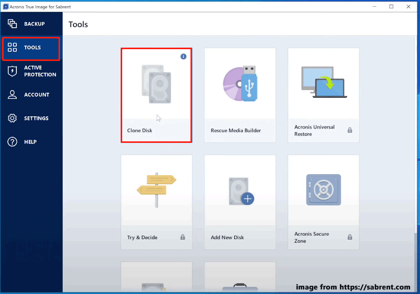 click on Clone Disk in Acronis True Image for Sabrent