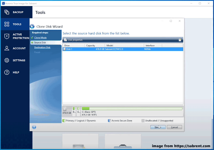 select a source disk in Acronis True Image for Sabrent