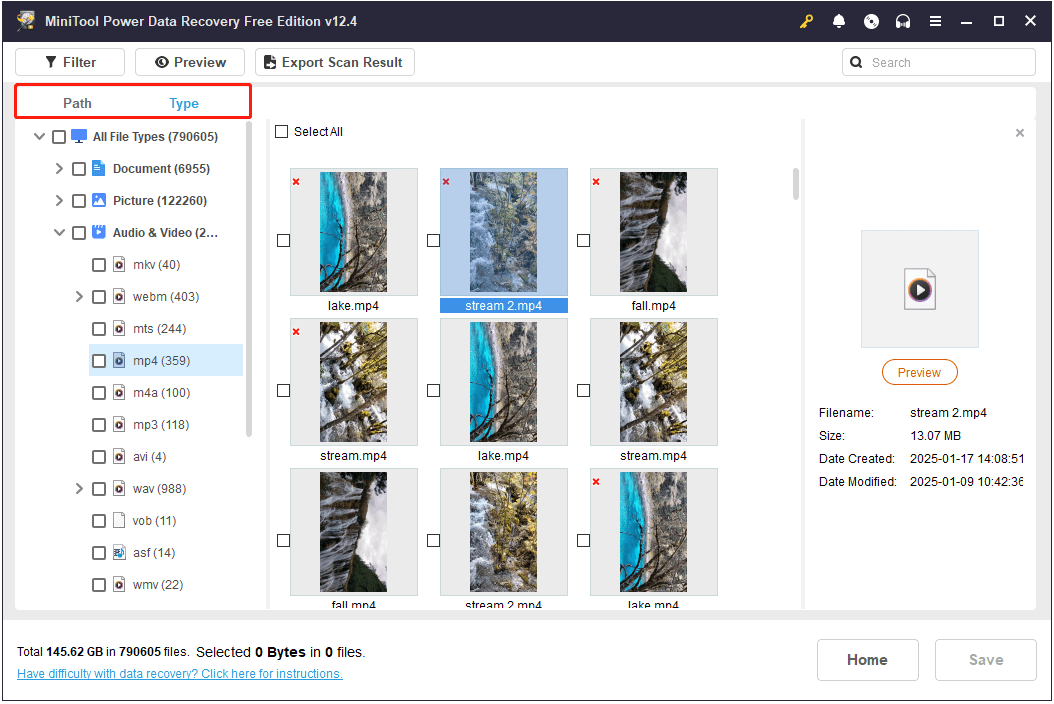 lake and stream videos are displayed in the central panel of MiniTool Power Data Recovery