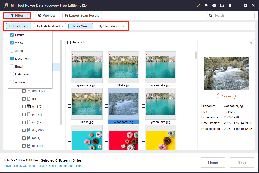 several pictures are filtered in MiniTool Power Data Recovery