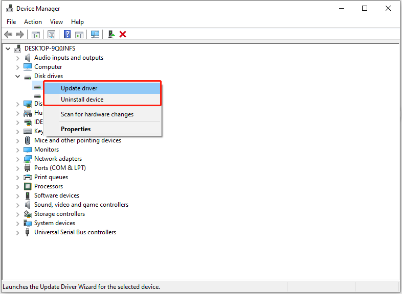 update or uninstall the disk driver in Device Manager