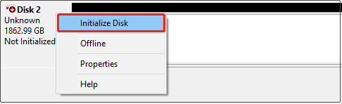 initialize the disk in Disk Management
