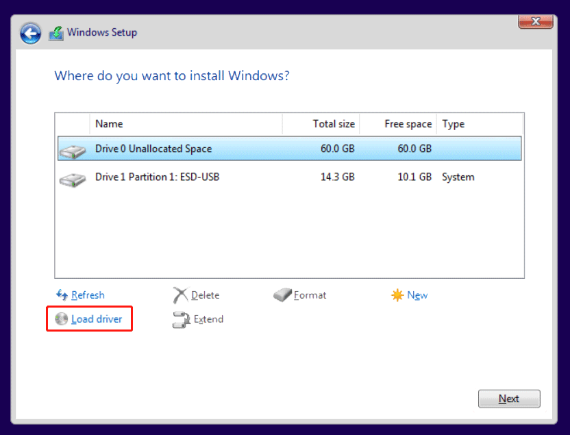 load driver in the Windows Setup page