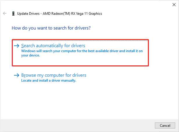 choose search automatically for drivers to update the graphics driver