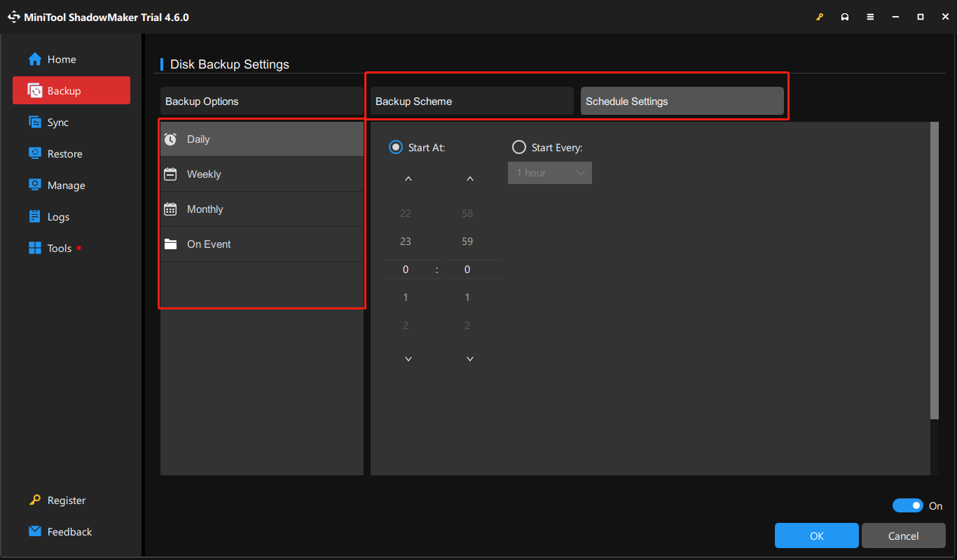 set the backup configurations in MiniTool ShadowMaker