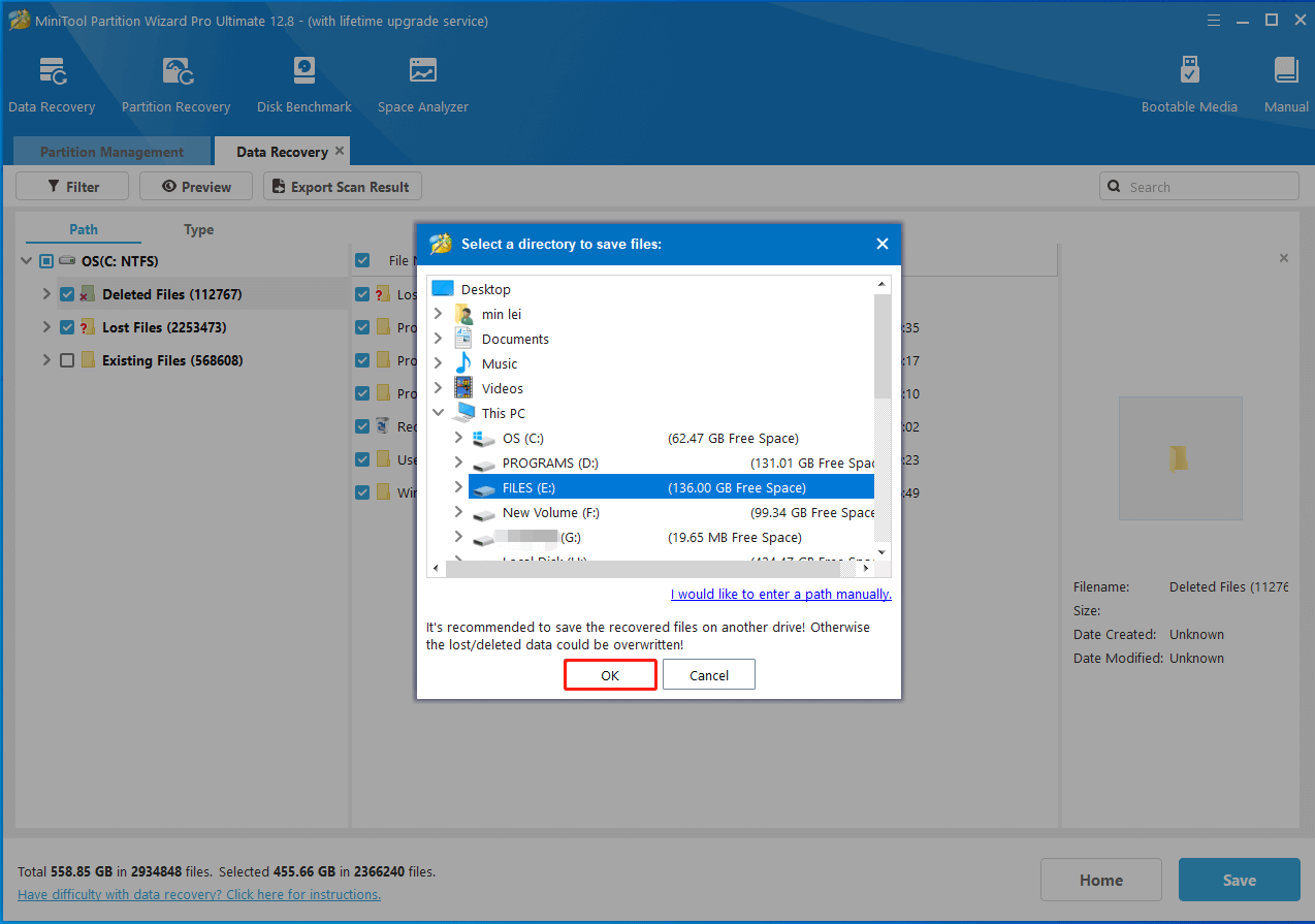 scegli una directory per i dati recuperati