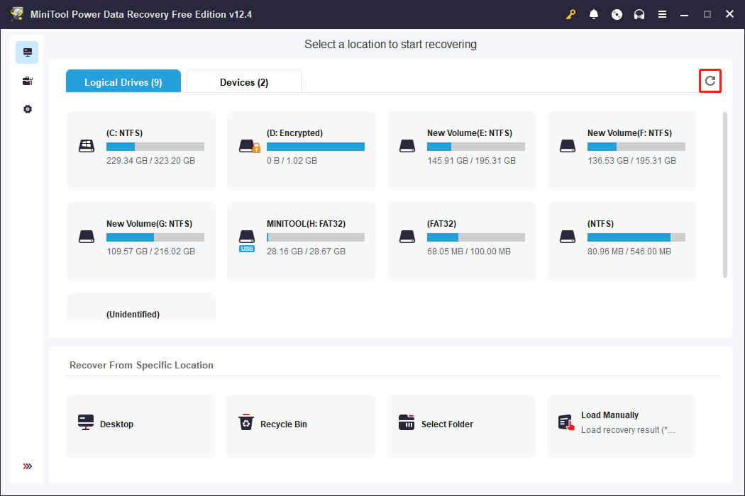click the Refresh button to reveal the SmartMedia card on MiniTool Power Data Recovery