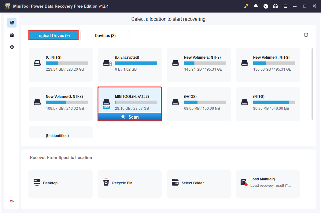 scan the target partition in the Logical Drives tab using MiniTool Power Data Recovery